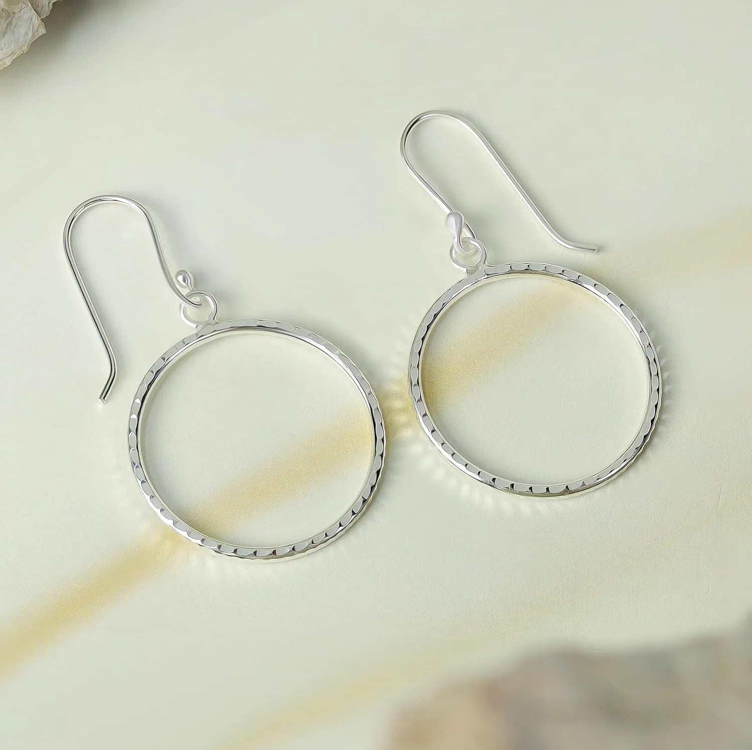 Hoops & Loops 925 Sterling Silver Hammered Circle Round Dangle Hook Earrings for Women, Silver, Yellow & Rose Gold