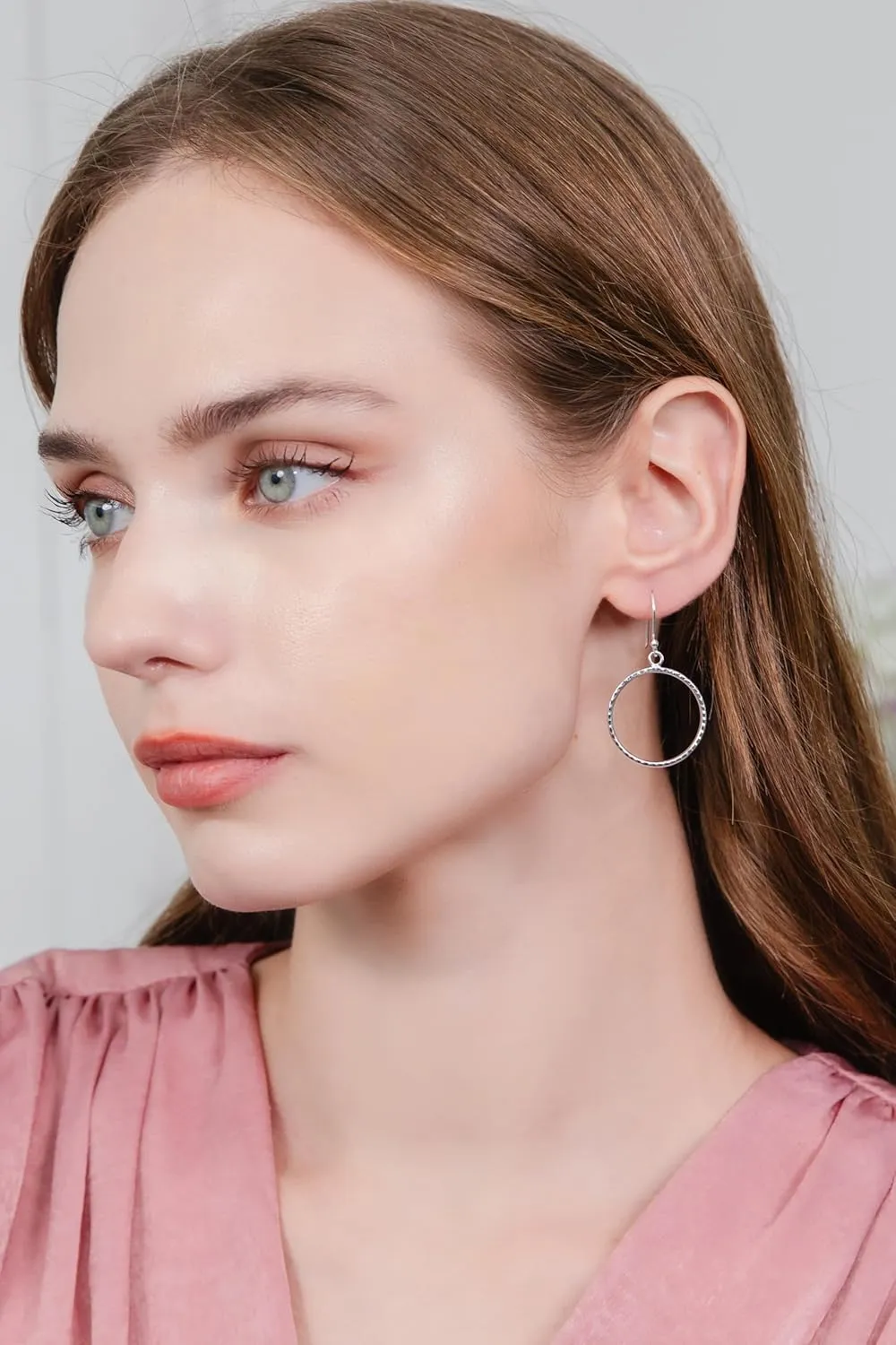 Hoops & Loops 925 Sterling Silver Hammered Circle Round Dangle Hook Earrings for Women, Silver, Yellow & Rose Gold