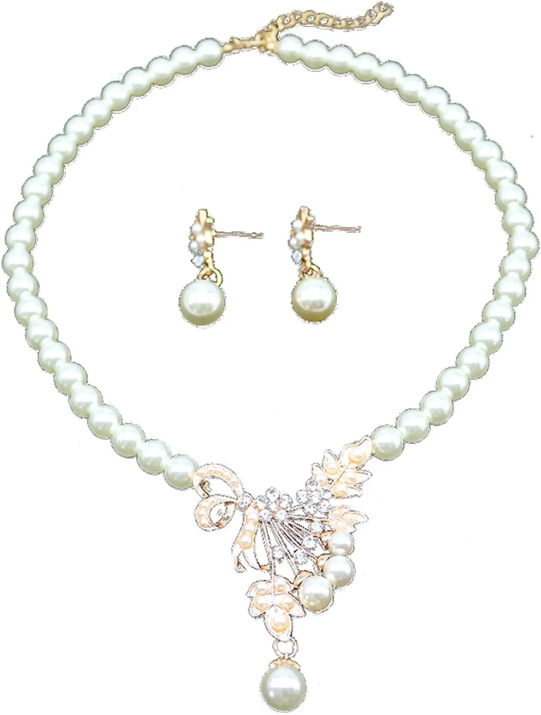 HSQYJ Fashion Colourful Pearl Crystal Wedding Bridal Jewelry Set Rhinestone Floral Vine Necklace Dangle Earrings for Women Gifts Gold Plated