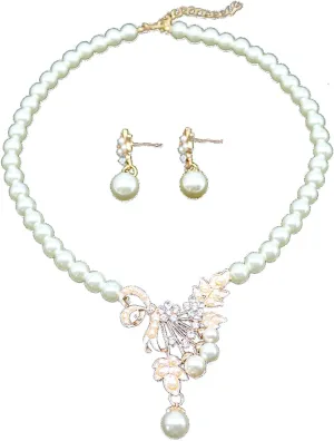 HSQYJ Fashion Colourful Pearl Crystal Wedding Bridal Jewelry Set Rhinestone Floral Vine Necklace Dangle Earrings for Women Gifts Gold Plated