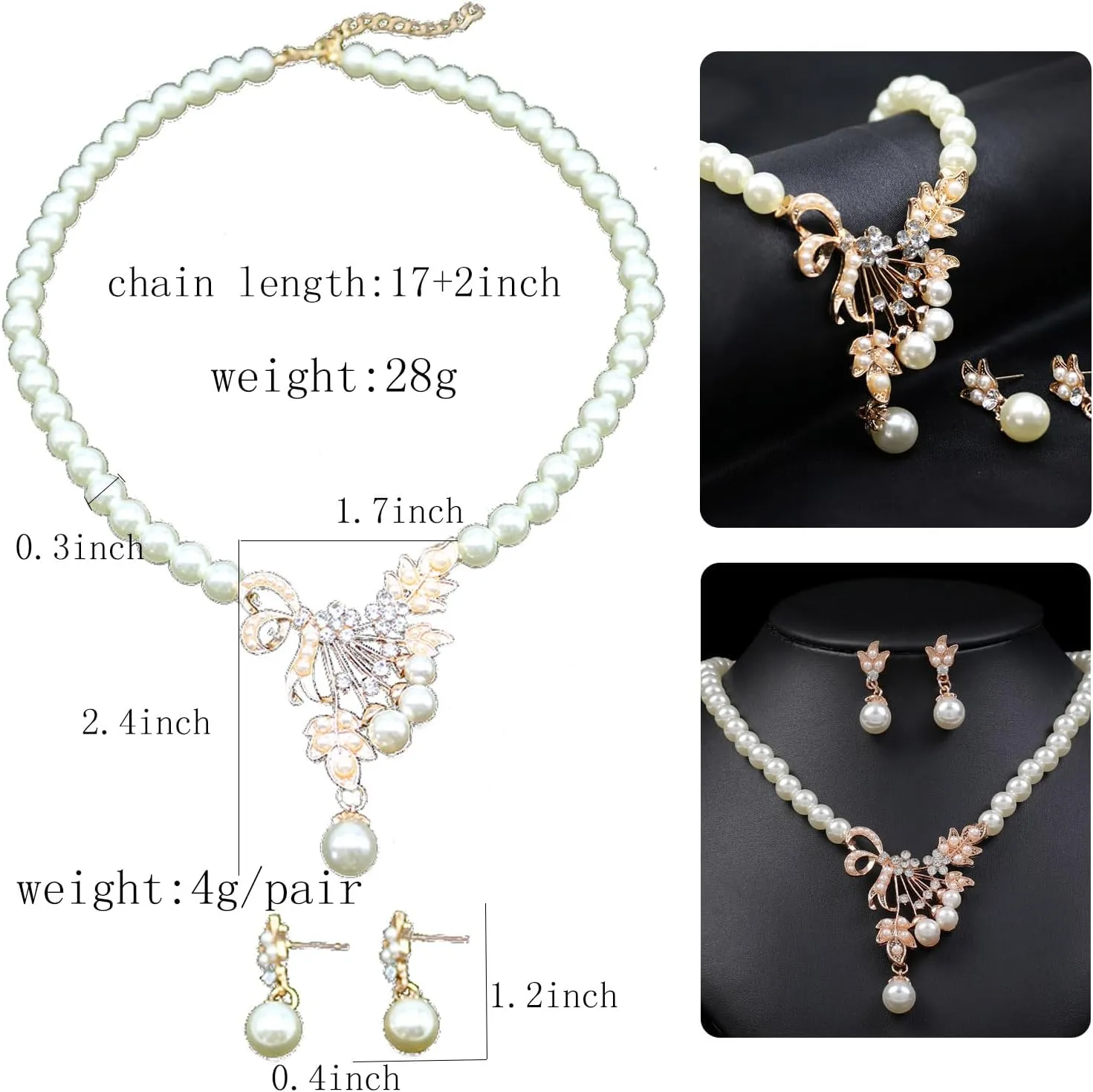 HSQYJ Fashion Colourful Pearl Crystal Wedding Bridal Jewelry Set Rhinestone Floral Vine Necklace Dangle Earrings for Women Gifts Gold Plated