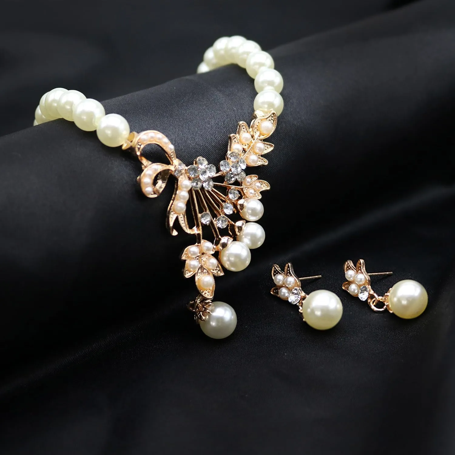 HSQYJ Fashion Colourful Pearl Crystal Wedding Bridal Jewelry Set Rhinestone Floral Vine Necklace Dangle Earrings for Women Gifts Gold Plated