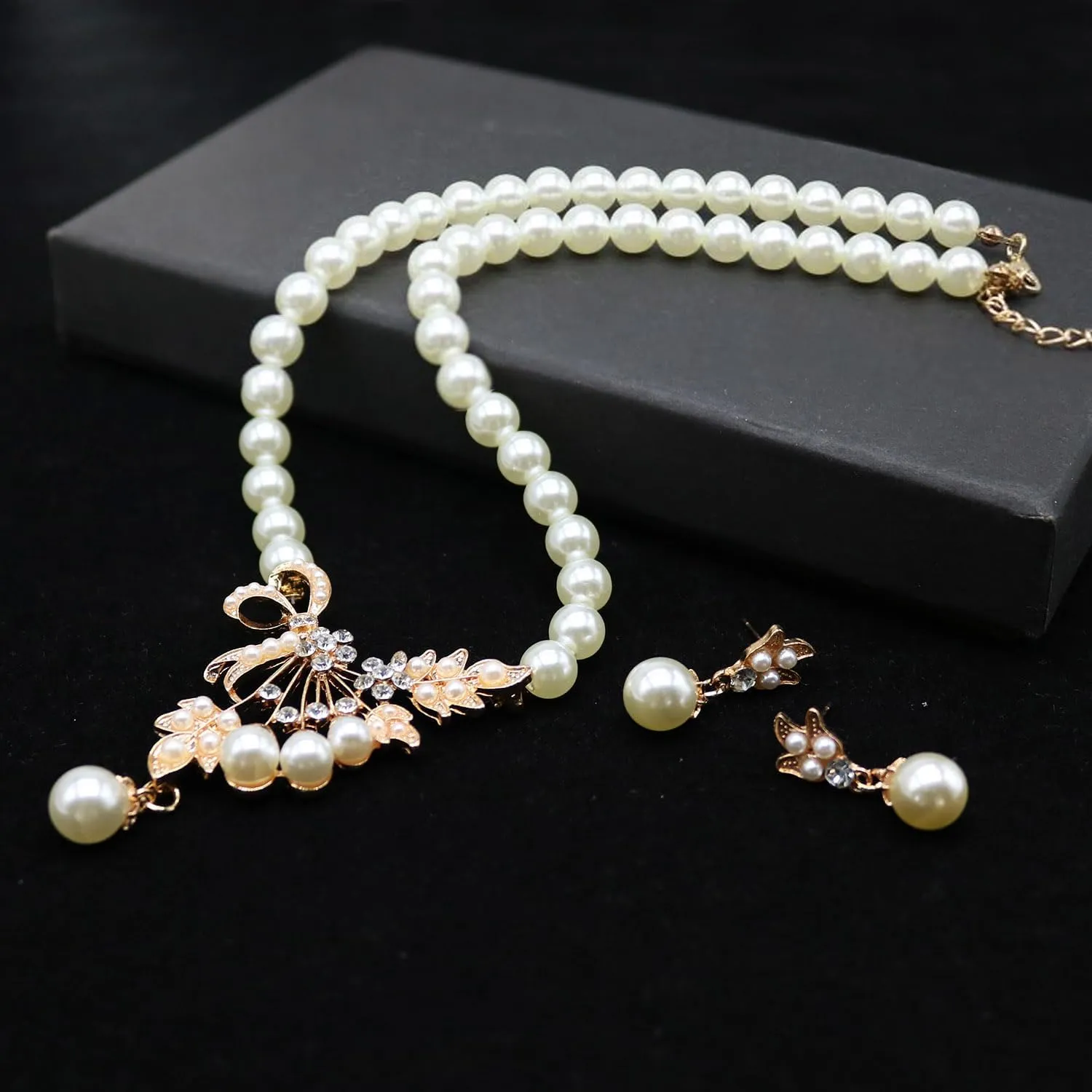 HSQYJ Fashion Colourful Pearl Crystal Wedding Bridal Jewelry Set Rhinestone Floral Vine Necklace Dangle Earrings for Women Gifts Gold Plated
