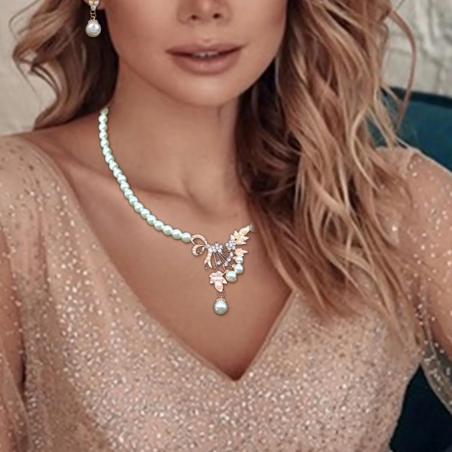 HSQYJ Fashion Colourful Pearl Crystal Wedding Bridal Jewelry Set Rhinestone Floral Vine Necklace Dangle Earrings for Women Gifts Gold Plated