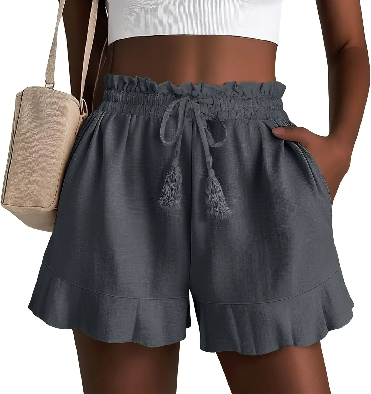 Huukeay Women's Casual Linen Shorts Cotton High Waist Drawstring Lettuce Trim Summer Lightweight Flowy Shorts with Pockets