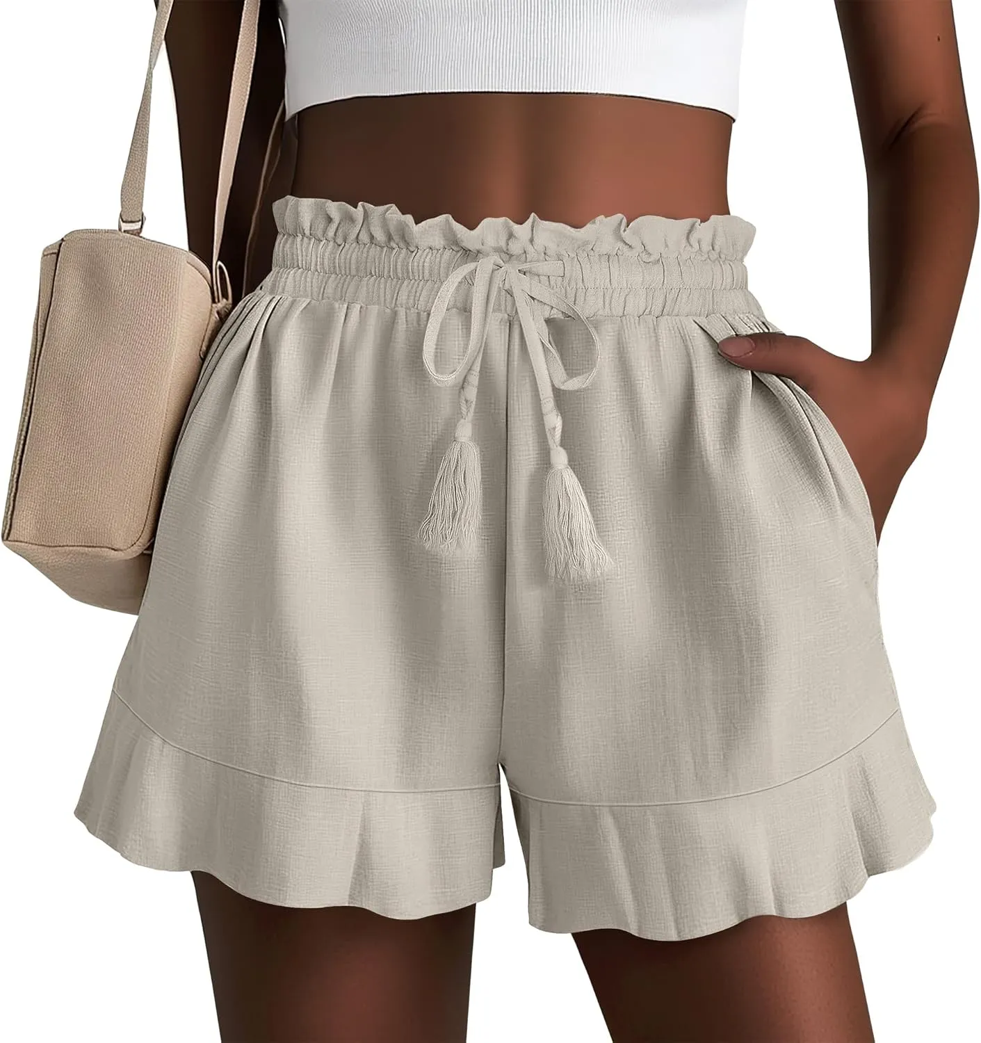 Huukeay Women's Casual Linen Shorts Cotton High Waist Drawstring Lettuce Trim Summer Lightweight Flowy Shorts with Pockets