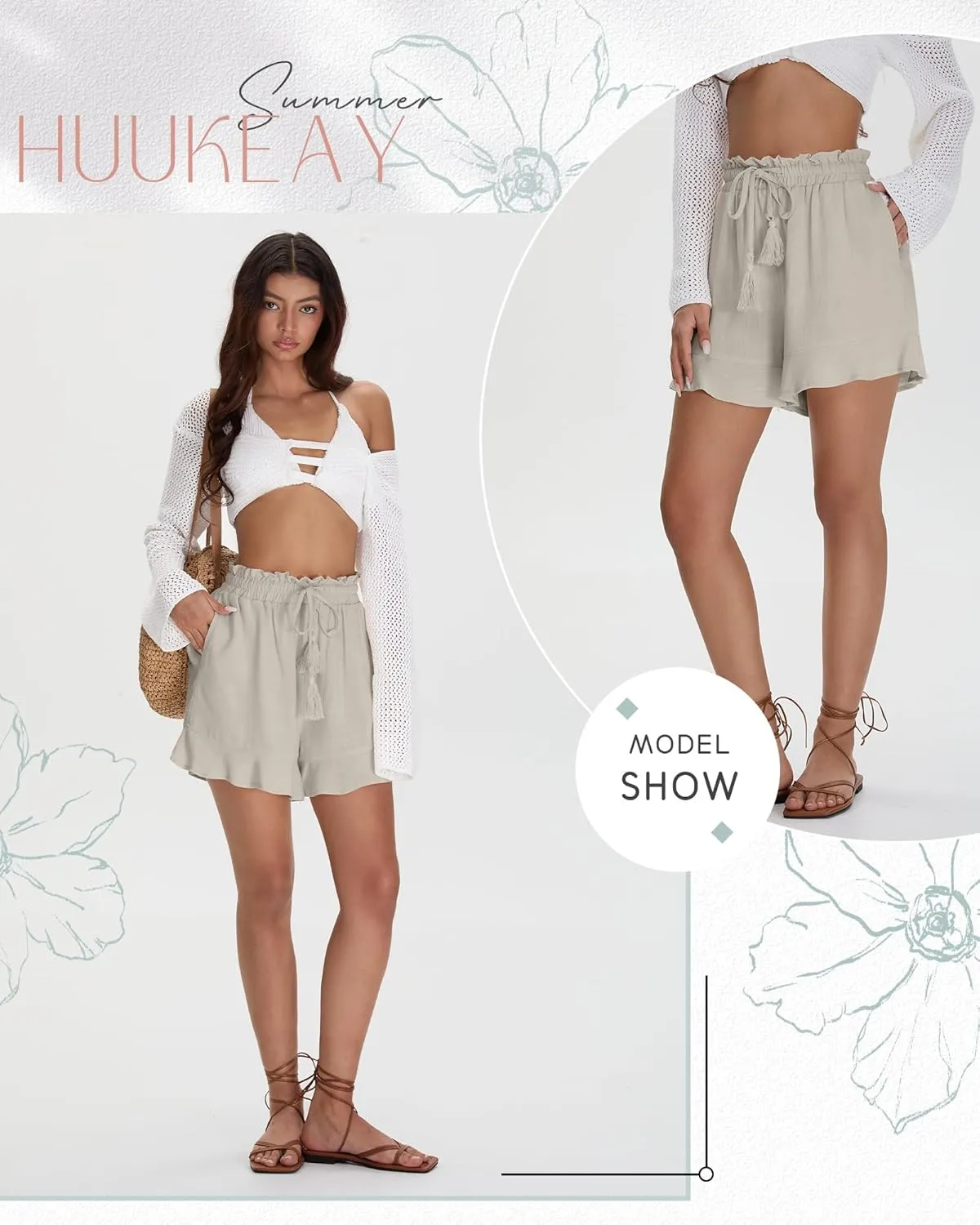 Huukeay Women's Casual Linen Shorts Cotton High Waist Drawstring Lettuce Trim Summer Lightweight Flowy Shorts with Pockets