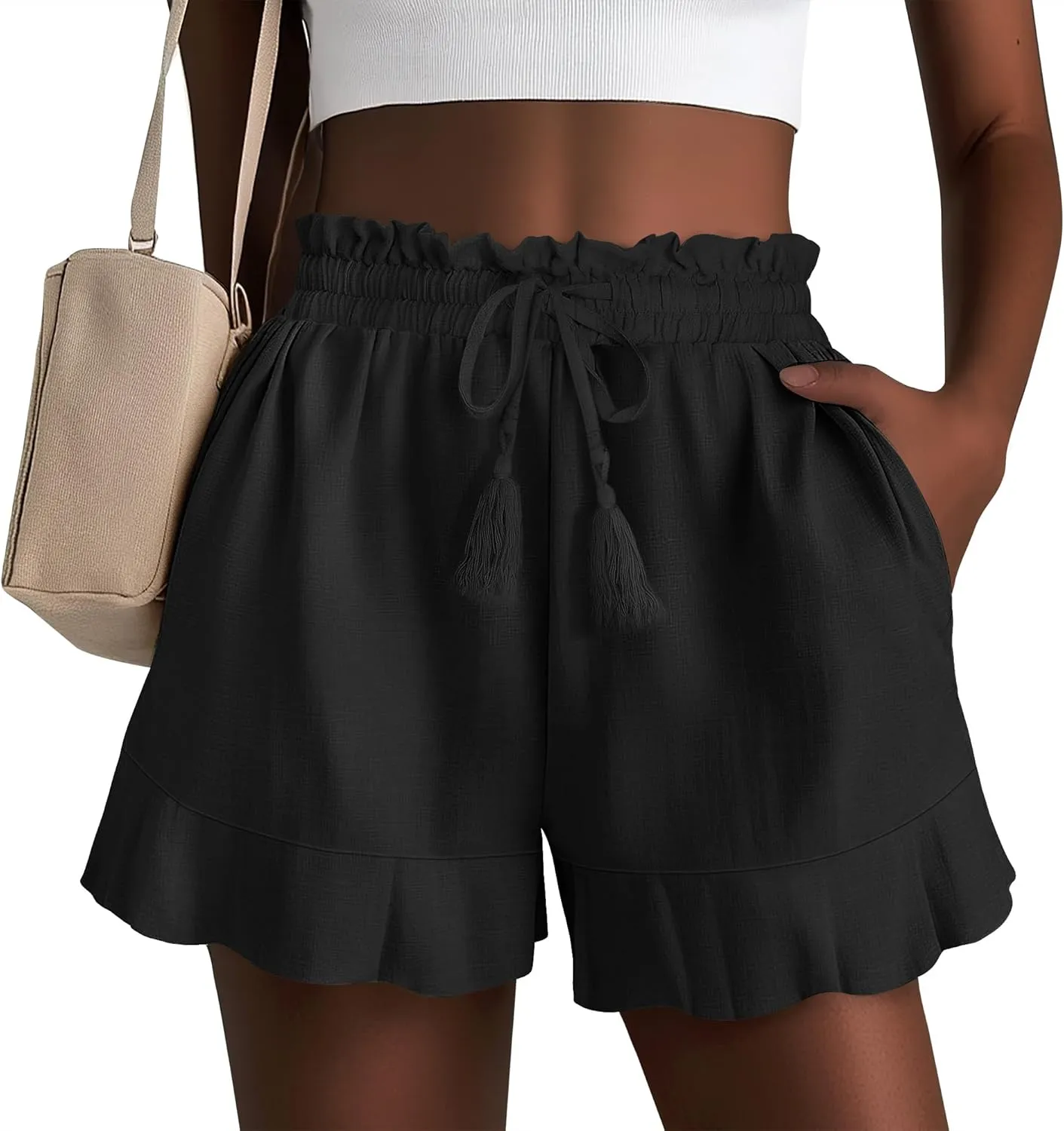 Huukeay Women's Casual Linen Shorts Cotton High Waist Drawstring Lettuce Trim Summer Lightweight Flowy Shorts with Pockets