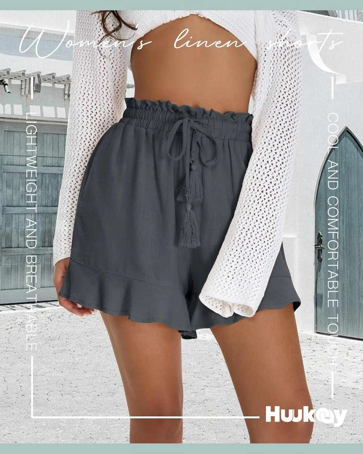Huukeay Women's Casual Linen Shorts Cotton High Waist Drawstring Lettuce Trim Summer Lightweight Flowy Shorts with Pockets