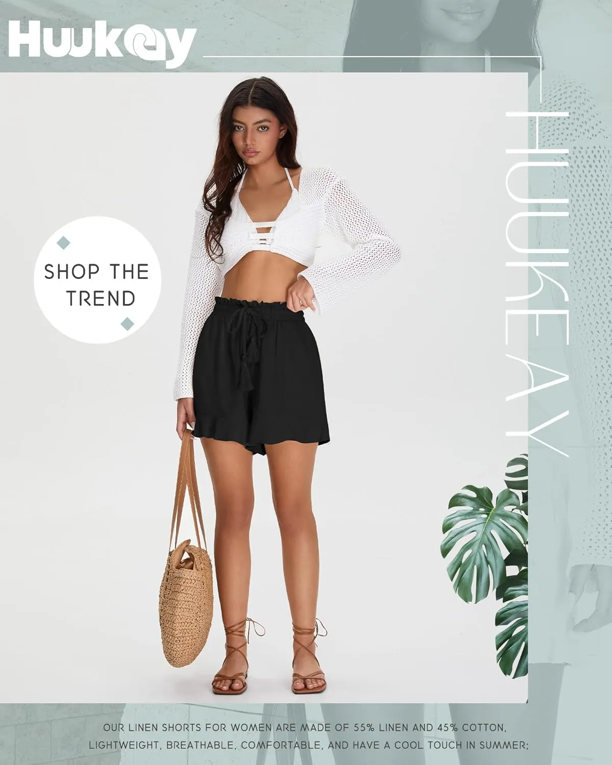 Huukeay Women's Casual Linen Shorts Cotton High Waist Drawstring Lettuce Trim Summer Lightweight Flowy Shorts with Pockets