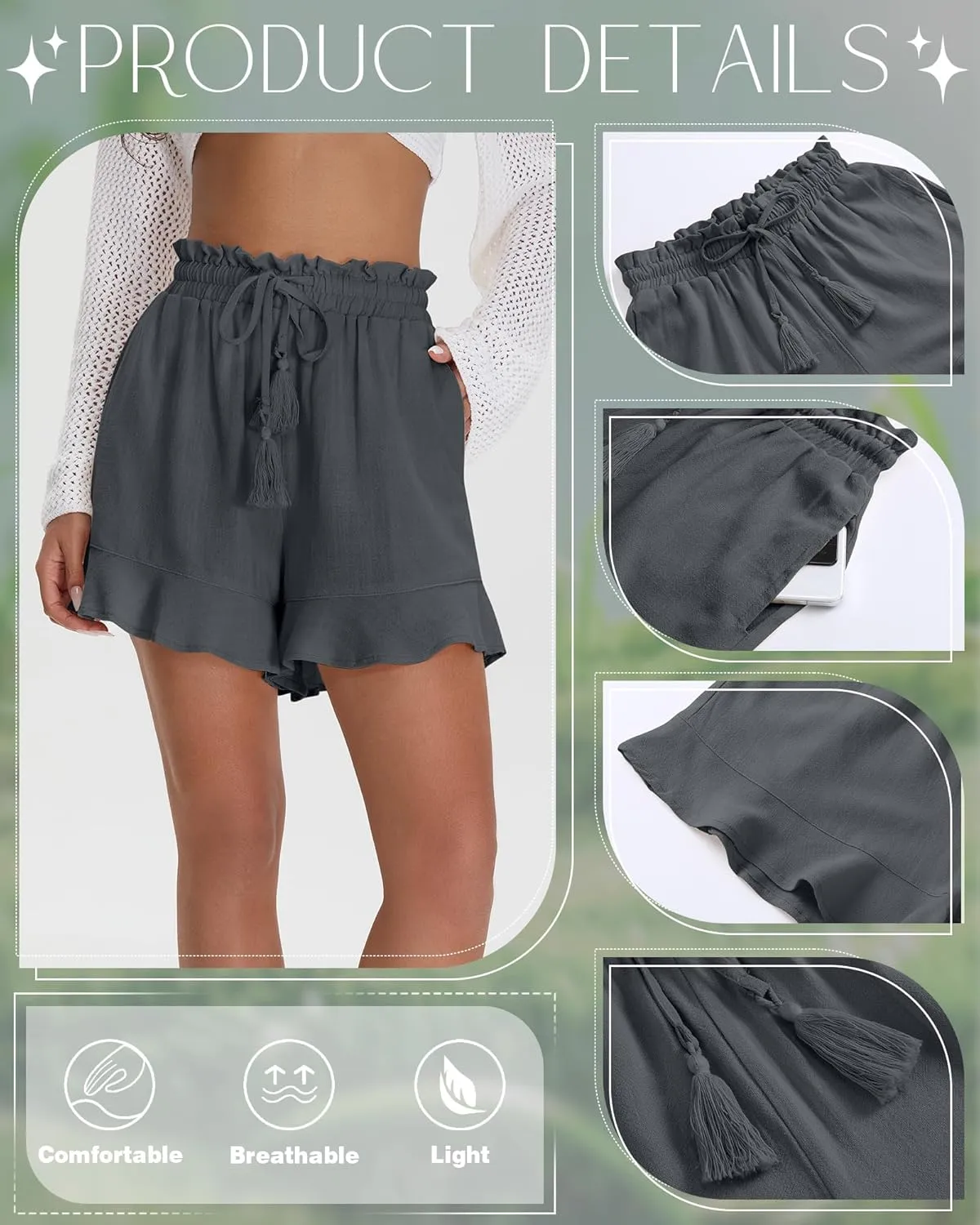 Huukeay Women's Casual Linen Shorts Cotton High Waist Drawstring Lettuce Trim Summer Lightweight Flowy Shorts with Pockets