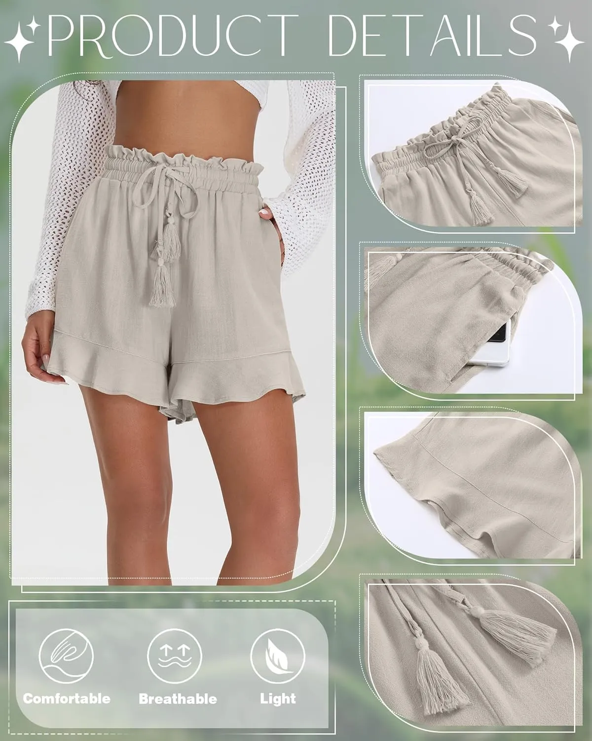 Huukeay Women's Casual Linen Shorts Cotton High Waist Drawstring Lettuce Trim Summer Lightweight Flowy Shorts with Pockets