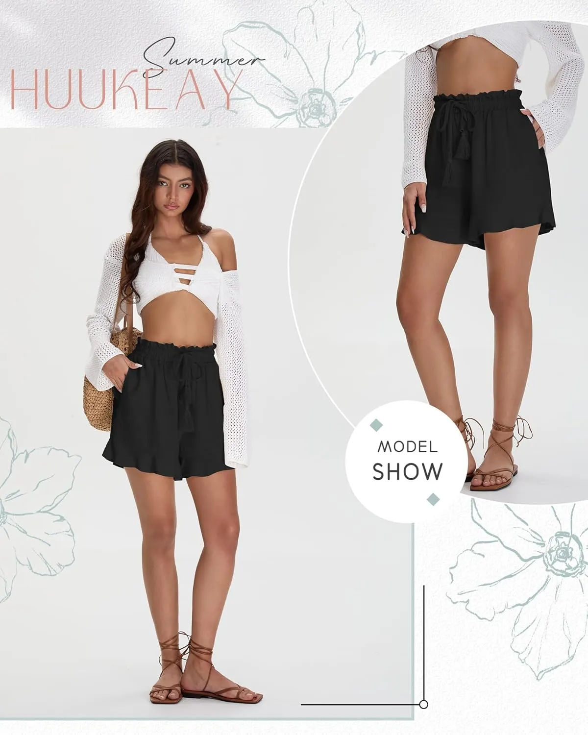 Huukeay Women's Casual Linen Shorts Cotton High Waist Drawstring Lettuce Trim Summer Lightweight Flowy Shorts with Pockets