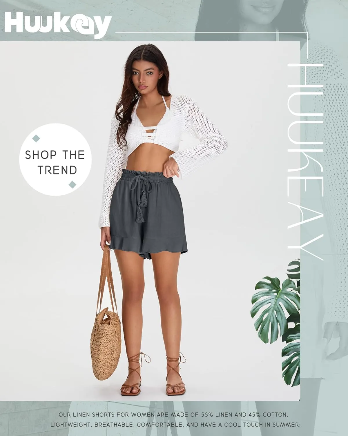 Huukeay Women's Casual Linen Shorts Cotton High Waist Drawstring Lettuce Trim Summer Lightweight Flowy Shorts with Pockets
