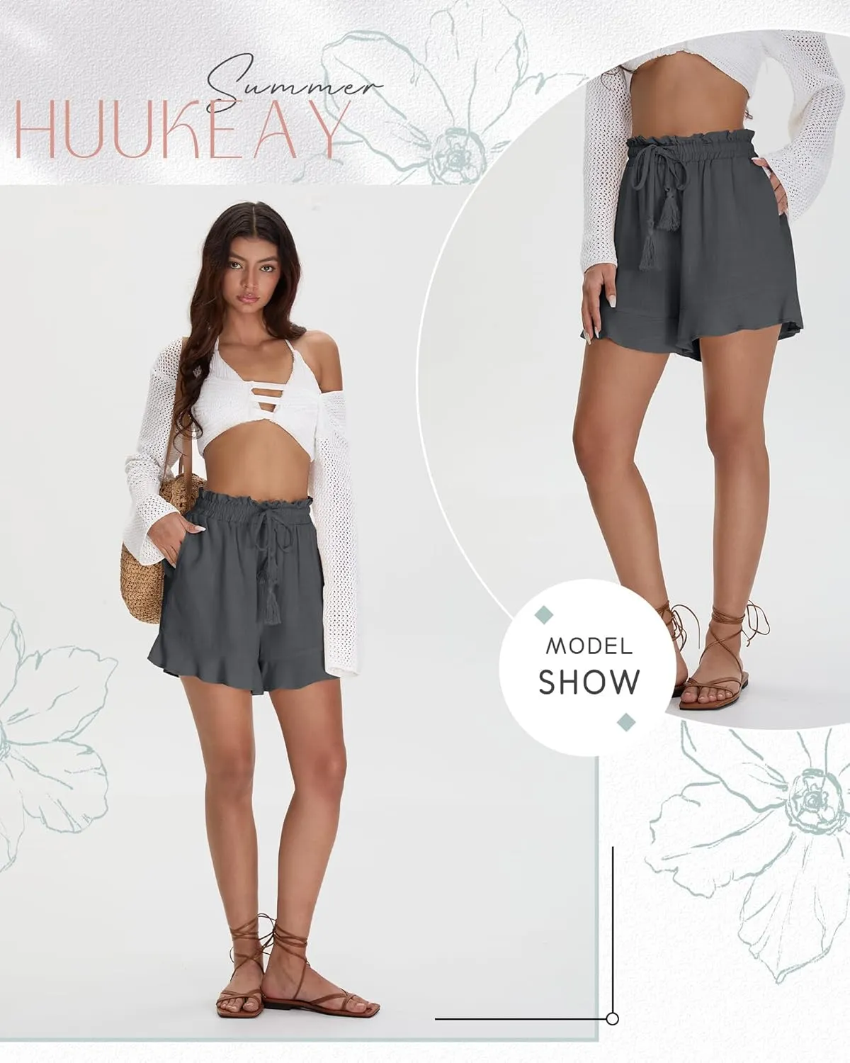 Huukeay Women's Casual Linen Shorts Cotton High Waist Drawstring Lettuce Trim Summer Lightweight Flowy Shorts with Pockets