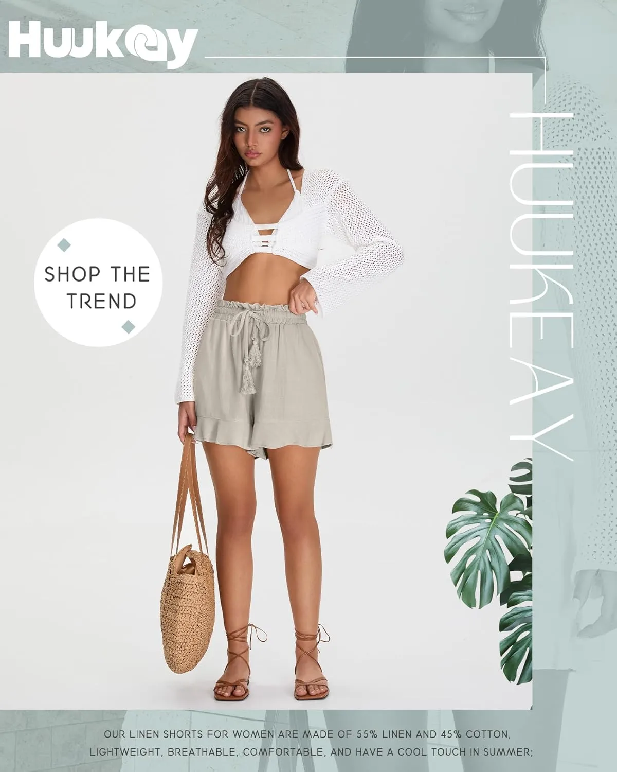 Huukeay Women's Casual Linen Shorts Cotton High Waist Drawstring Lettuce Trim Summer Lightweight Flowy Shorts with Pockets