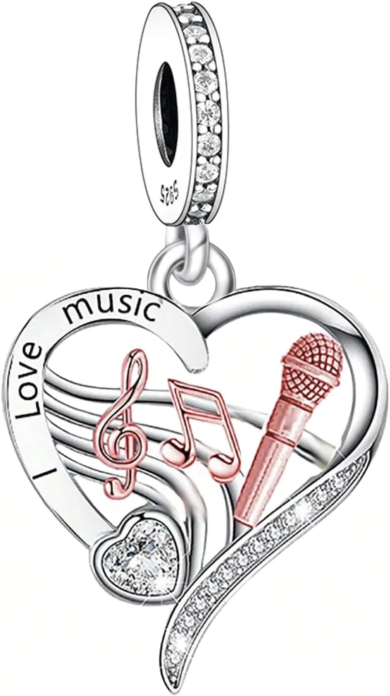I Love Music Heart Dangle Charm, 925 Sterling Silver, Music Note Charm, Heart Music Pendant, Mother's Day Gift