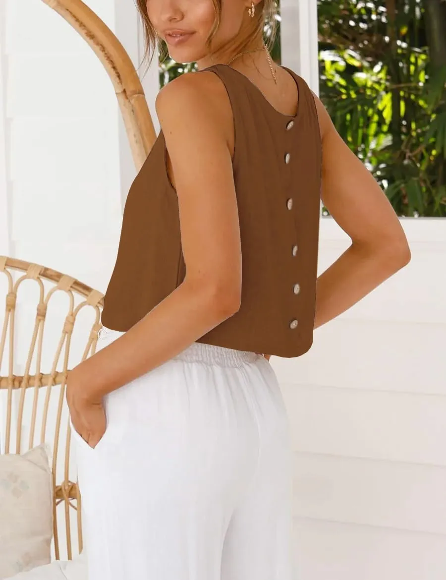 IDEALSANXUN Womens Linen Crop Tank Tops Cute Summer Sleeveless Cropped Cotton Linen Tops