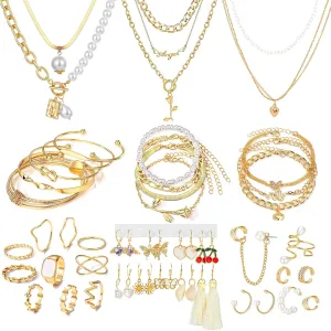 Indie Stackable Vintage Boho Pearl Adjustable Jewelry Pack - 35-53 Pcs Silver Gold Set With 12-30 Rings, 4-7 Necklaces, 11-14 Bracelets and 5-16 Earrings