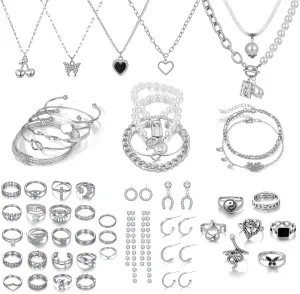 Indie Stackable Vintage Boho Pearl Adjustable Jewelry Pack - 35-53 Pcs Silver Gold Set With 12-30 Rings, 4-7 Necklaces, 11-14 Bracelets and 5-16 Earrings