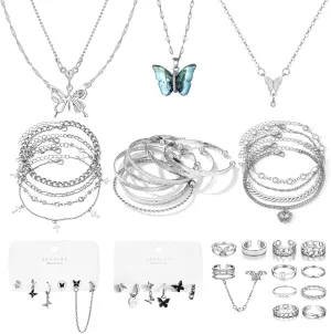 Indie Stackable Vintage Boho Pearl Adjustable Jewelry Pack - 35-53 Pcs Silver Gold Set With 12-30 Rings, 4-7 Necklaces, 11-14 Bracelets and 5-16 Earrings