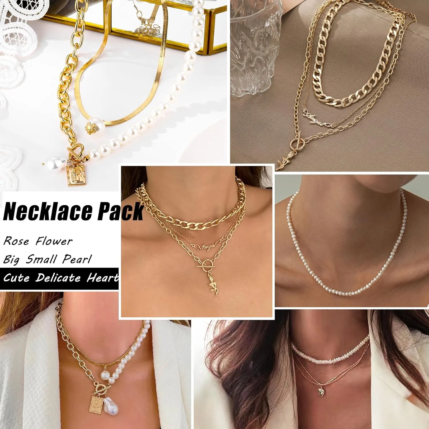 Indie Stackable Vintage Boho Pearl Adjustable Jewelry Pack - 35-53 Pcs Silver Gold Set With 12-30 Rings, 4-7 Necklaces, 11-14 Bracelets and 5-16 Earrings