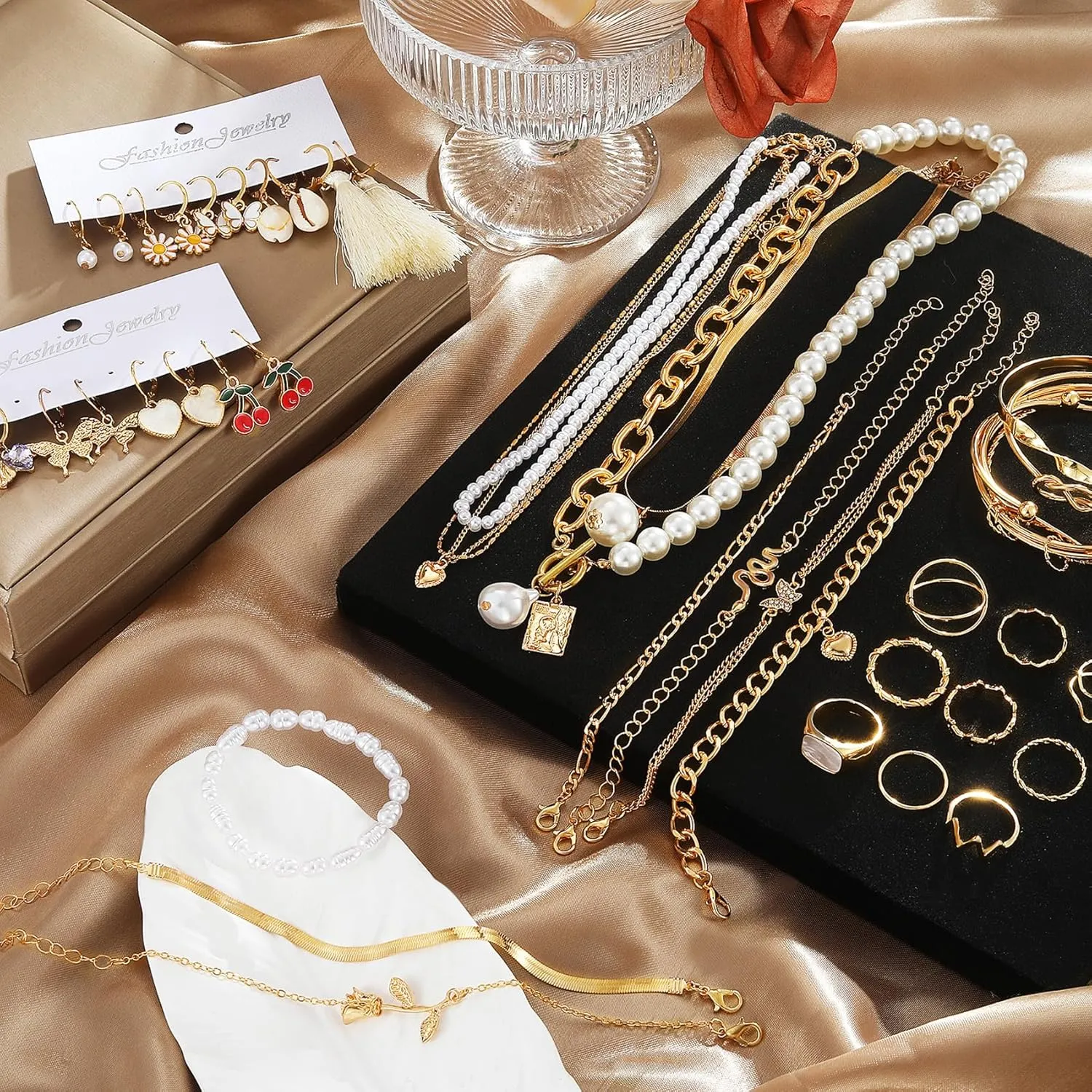 Indie Stackable Vintage Boho Pearl Adjustable Jewelry Pack - 35-53 Pcs Silver Gold Set With 12-30 Rings, 4-7 Necklaces, 11-14 Bracelets and 5-16 Earrings