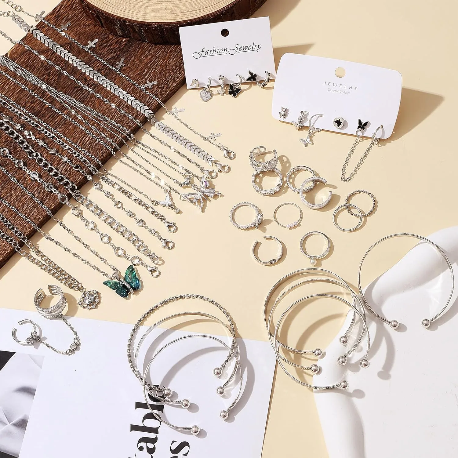 Indie Stackable Vintage Boho Pearl Adjustable Jewelry Pack - 35-53 Pcs Silver Gold Set With 12-30 Rings, 4-7 Necklaces, 11-14 Bracelets and 5-16 Earrings