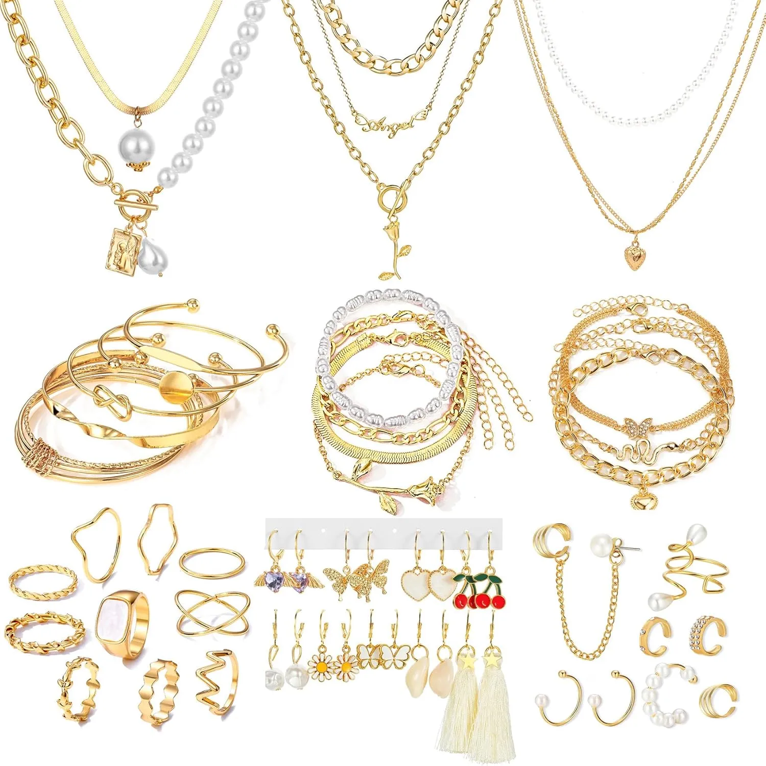 Indie Stackable Vintage Boho Pearl Adjustable Jewelry Pack - 35-53 Pcs Silver Gold Set With 12-30 Rings, 4-7 Necklaces, 11-14 Bracelets and 5-16 Earrings