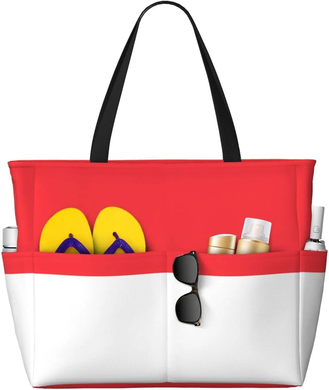 Indonesian flag Print 28L Large Beach Tote Bag, 7 Pockets Waterproof Travel Shoulder Bag, Gym Oversized Tote