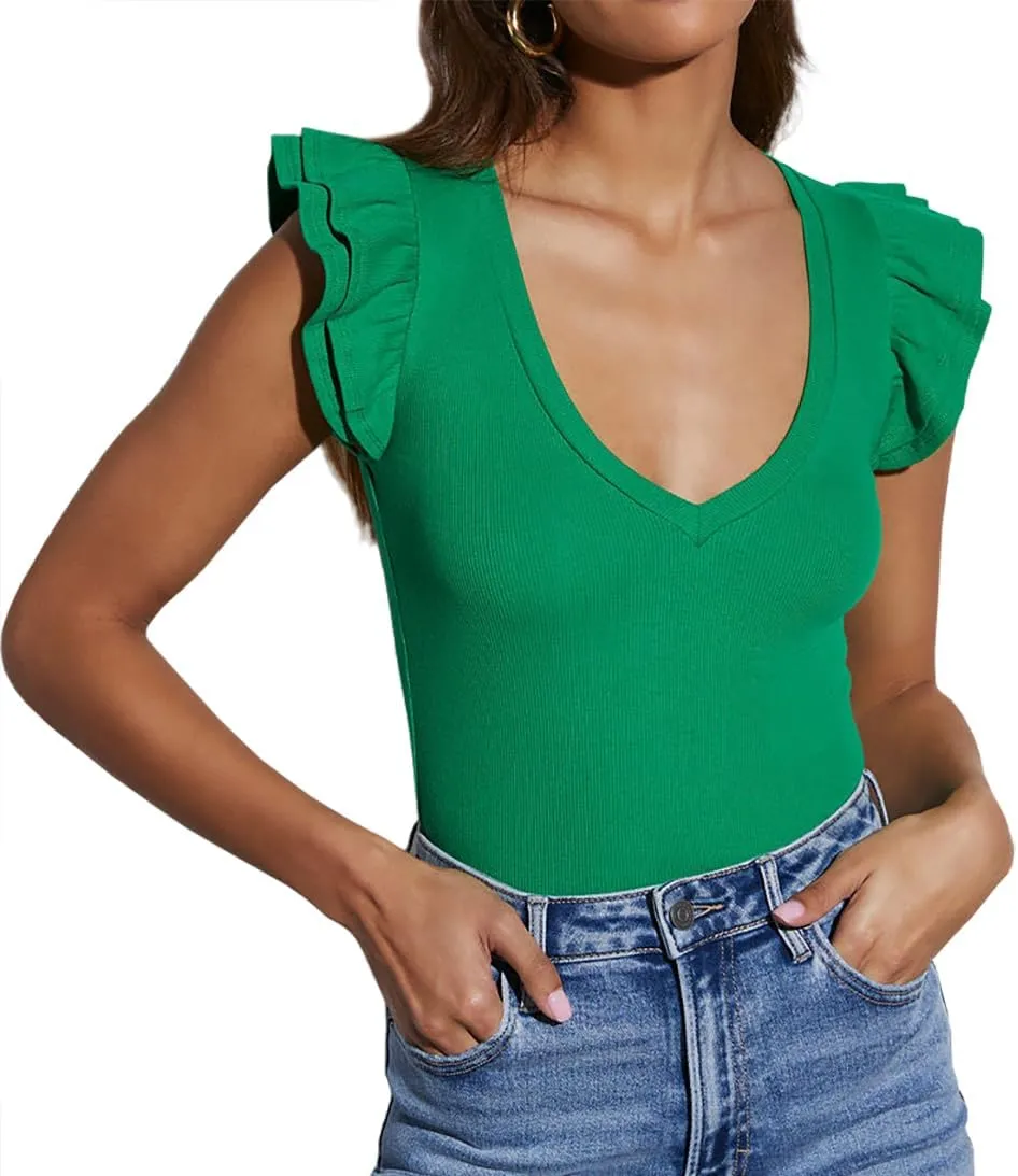 INFITTY Women's V Neck T Shirts Ruffle Sleeve Tops Dressy Sexy Sleeveless Slim Fitted Ribbed Tank Top Summer 2025