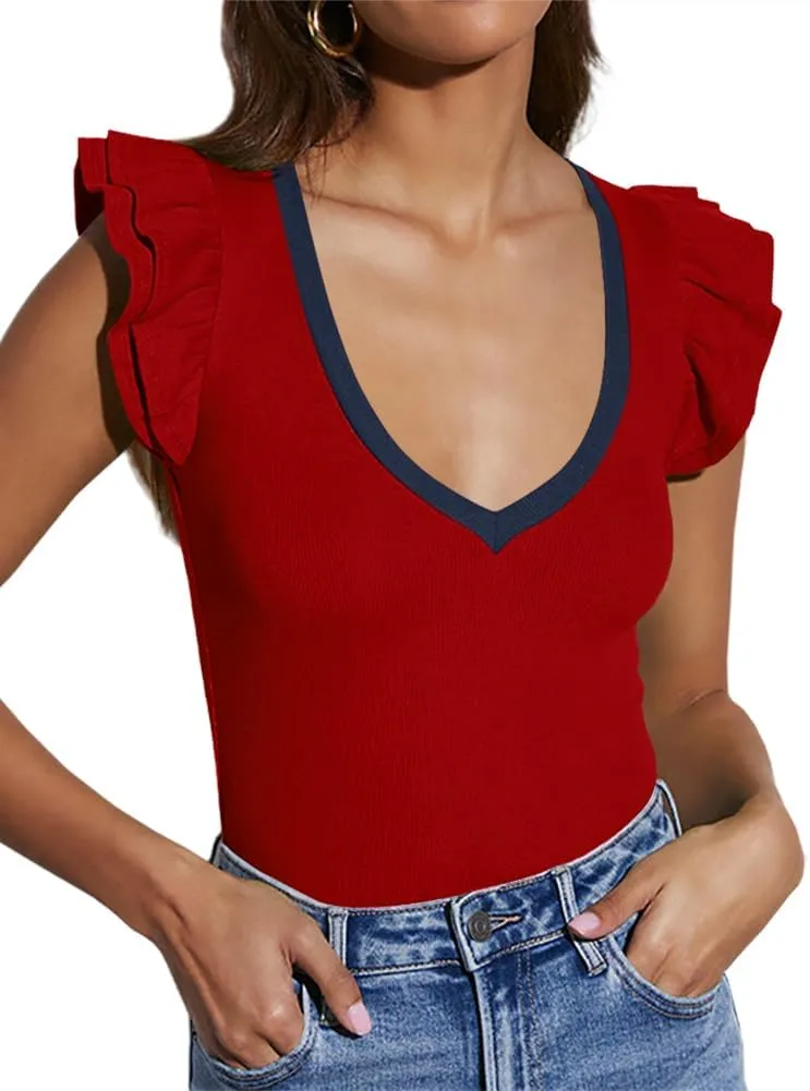 INFITTY Women's V Neck T Shirts Ruffle Sleeve Tops Dressy Sexy Sleeveless Slim Fitted Ribbed Tank Top Summer 2025