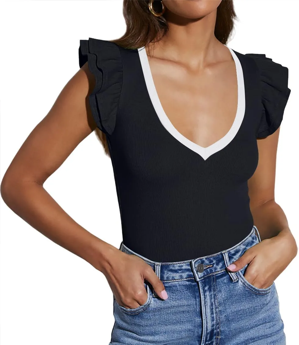 INFITTY Women's V Neck T Shirts Ruffle Sleeve Tops Dressy Sexy Sleeveless Slim Fitted Ribbed Tank Top Summer 2025