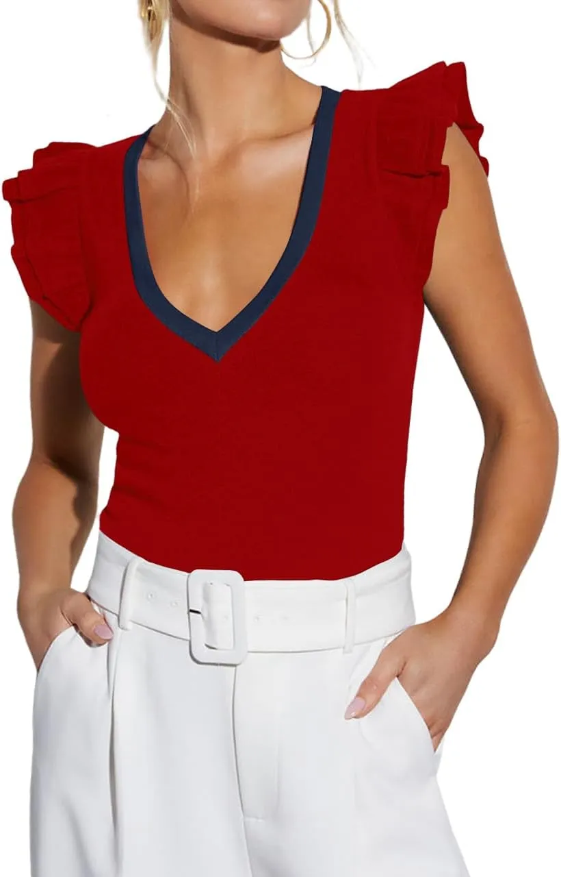 INFITTY Women's V Neck T Shirts Ruffle Sleeve Tops Dressy Sexy Sleeveless Slim Fitted Ribbed Tank Top Summer 2025