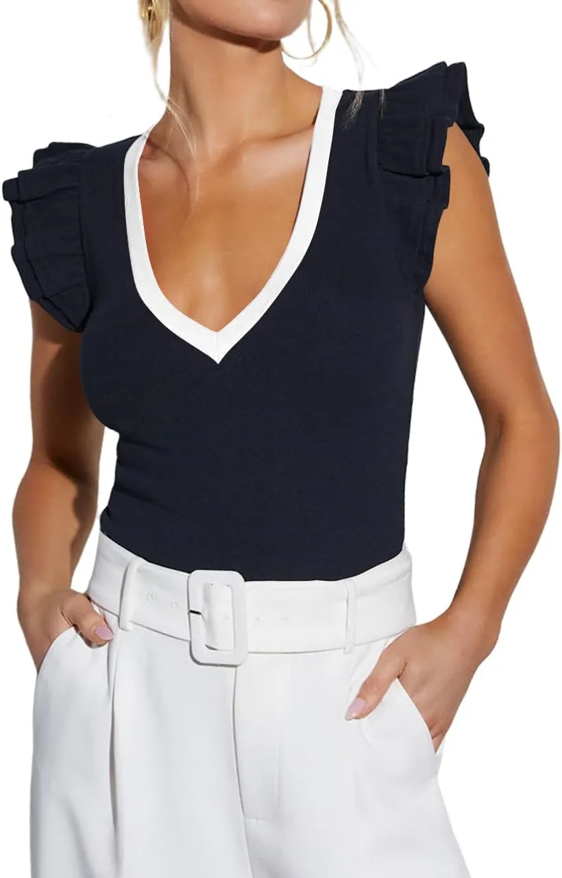 INFITTY Women's V Neck T Shirts Ruffle Sleeve Tops Dressy Sexy Sleeveless Slim Fitted Ribbed Tank Top Summer 2025