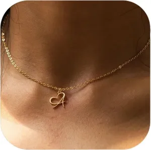 Initial Necklaces for Women 14k Gold Plated Necklace Dainty Gold Letter Pendant Heart Necklace Custom Personalized Name Necklace Cute Choker Necklace Minimalist Gold Jewelry Gift