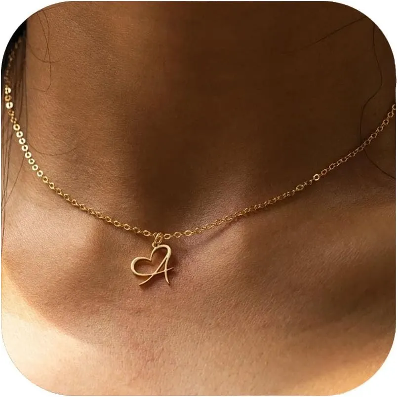 Initial Necklaces for Women 14k Gold Plated Necklace Dainty Gold Letter Pendant Heart Necklace Custom Personalized Name Necklace Cute Choker Necklace Minimalist Gold Jewelry Gift
