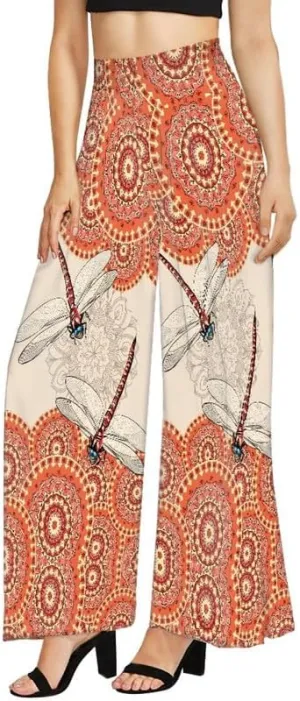 Irisjudy Womens Casual Wide Leg Long Lounge Pant Trousers, Monet Art Elastic High Waisted Palazzo Trousers Plus Size Clubwear