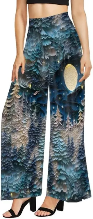 Irisjudy Womens Casual Wide Leg Long Lounge Pant Trousers, Monet Art Elastic High Waisted Palazzo Trousers Plus Size Clubwear