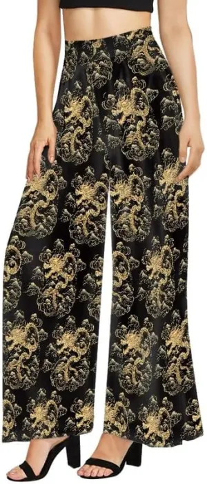 Irisjudy Womens Casual Wide Leg Long Lounge Pant Trousers, Monet Art Elastic High Waisted Palazzo Trousers Plus Size Clubwear