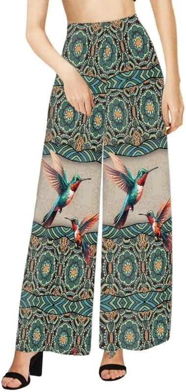 Irisjudy Womens Casual Wide Leg Long Lounge Pant Trousers, Monet Art Elastic High Waisted Palazzo Trousers Plus Size Clubwear