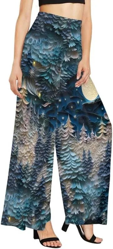 Irisjudy Womens Casual Wide Leg Long Lounge Pant Trousers, Monet Art Elastic High Waisted Palazzo Trousers Plus Size Clubwear