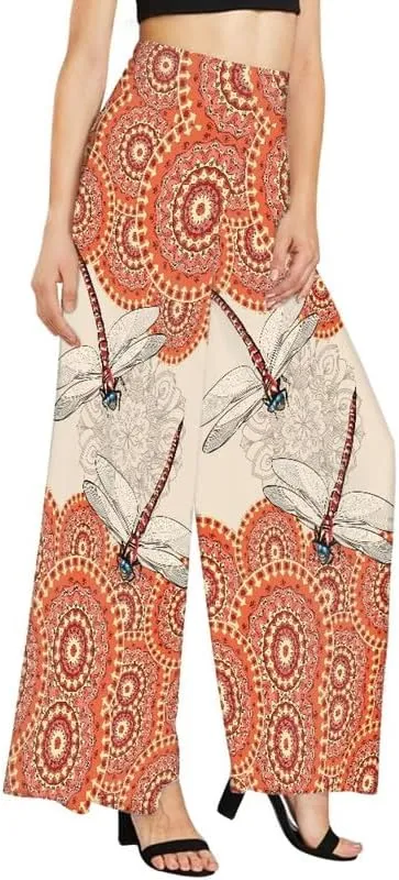 Irisjudy Womens Casual Wide Leg Long Lounge Pant Trousers, Monet Art Elastic High Waisted Palazzo Trousers Plus Size Clubwear