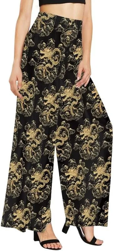 Irisjudy Womens Casual Wide Leg Long Lounge Pant Trousers, Monet Art Elastic High Waisted Palazzo Trousers Plus Size Clubwear