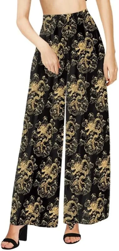 Irisjudy Womens Casual Wide Leg Long Lounge Pant Trousers, Monet Art Elastic High Waisted Palazzo Trousers Plus Size Clubwear