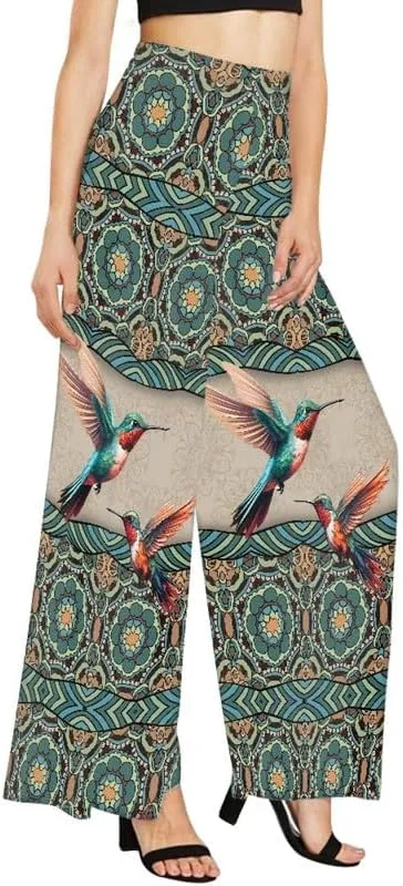 Irisjudy Womens Casual Wide Leg Long Lounge Pant Trousers, Monet Art Elastic High Waisted Palazzo Trousers Plus Size Clubwear