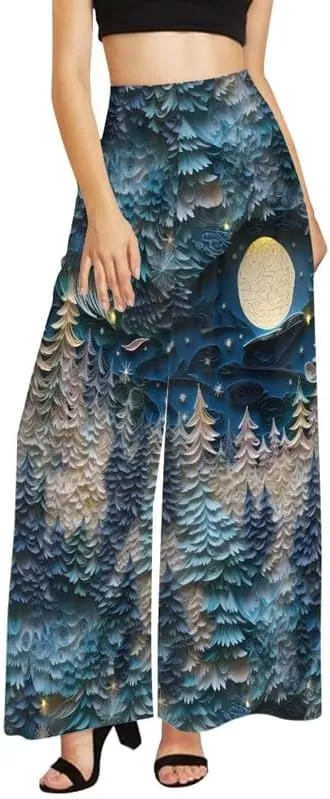 Irisjudy Womens Casual Wide Leg Long Lounge Pant Trousers, Monet Art Elastic High Waisted Palazzo Trousers Plus Size Clubwear