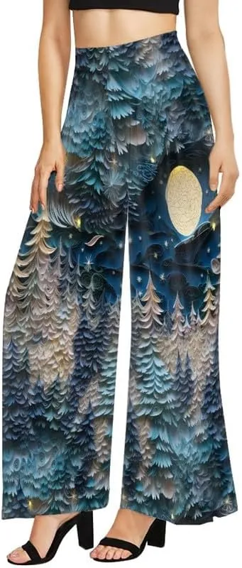 Irisjudy Womens Casual Wide Leg Long Lounge Pant Trousers, Monet Art Elastic High Waisted Palazzo Trousers Plus Size Clubwear