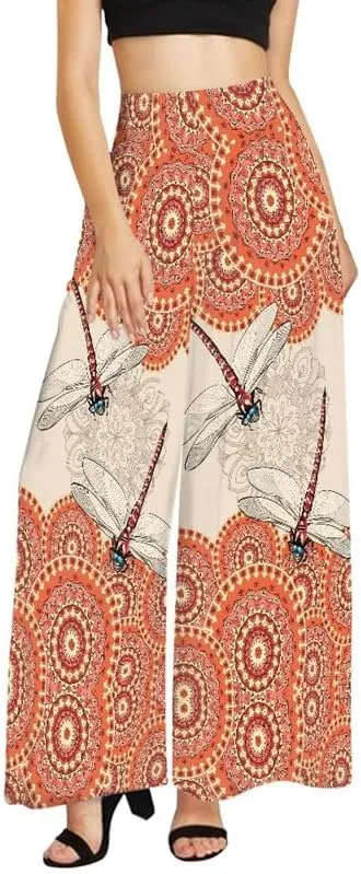 Irisjudy Womens Casual Wide Leg Long Lounge Pant Trousers, Monet Art Elastic High Waisted Palazzo Trousers Plus Size Clubwear
