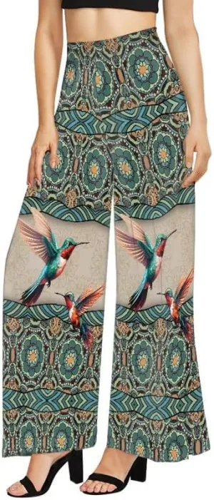 Irisjudy Womens Casual Wide Leg Long Lounge Pant Trousers, Monet Art Elastic High Waisted Palazzo Trousers Plus Size Clubwear